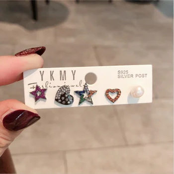 

Women Colorful zircon micro-inlaid five-pointed star love heart 6-piece micro-inlaid wild earrings