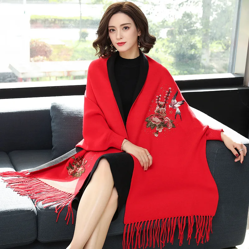 

2019 Autumn And Winter New Style Embroidered Sweater Women's Mantle Korean-style Loose And Plus-sized Shawl Diamond Set Mid-leng