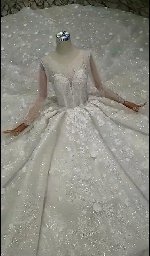 Белый CloverBridal дорогой достойный слоновой кости Иллюзия с длинным рукавом длина пола камни жемчуг Цветы Роскошные свадебные платья - Цвет: Белый