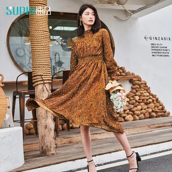 

SUPIN Spring Women Vintage Printed Chiffon Dress Women Lapel Lantern Sleeve High Waist Calf-length Dress 518472012