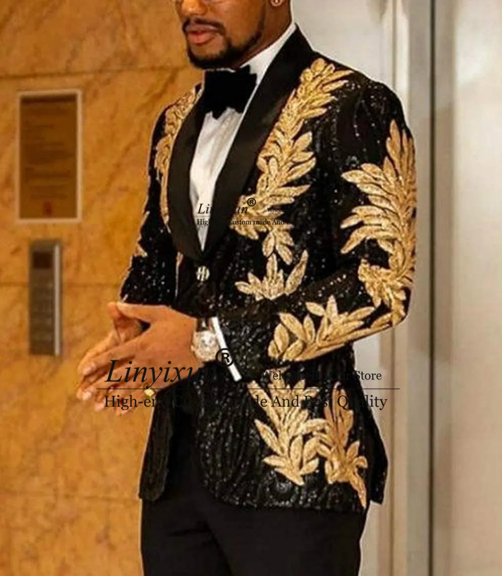 Mens Suit Slim Fit terno masculino Shiny Sequins Gold Applique Suits Men Prom Tuxedos Grooms Set 2 Pieces(Blazer + Pants) Costume Homme