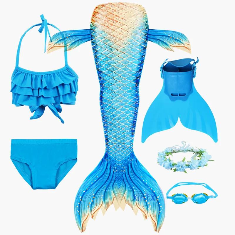 

Little Mermaid Kids Swimmable Mermaid Tail With Monofin Girls Swimming Bating Bikini Suit Goggle With Garland Costume Cosplay