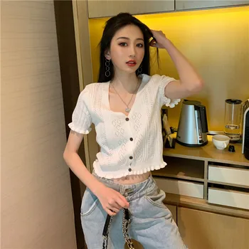 

iClosam Summer cardigan women crop top button knitted short sleeve top open tank top white thin sweaters