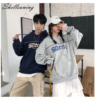 

Shellsuning Couple Sweatshirt Thick Soft Streetwear Oversized Hoodies Letter Stripe Pullover Pocket Plus Velvet Warm Female Top