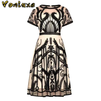 

2020 New Summer European Brand Designer Runway Dress Luxury Women's Mesh Embroidery Flowers Slim Midi Party Dresses Vestidos