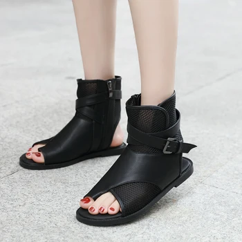 

Ladies Flat Sandals Casual OpenToe Thong Sandals Woman Flats Black Mesh Gladiator Sandals Vintage Ankle Buckle Flat Shoes Female