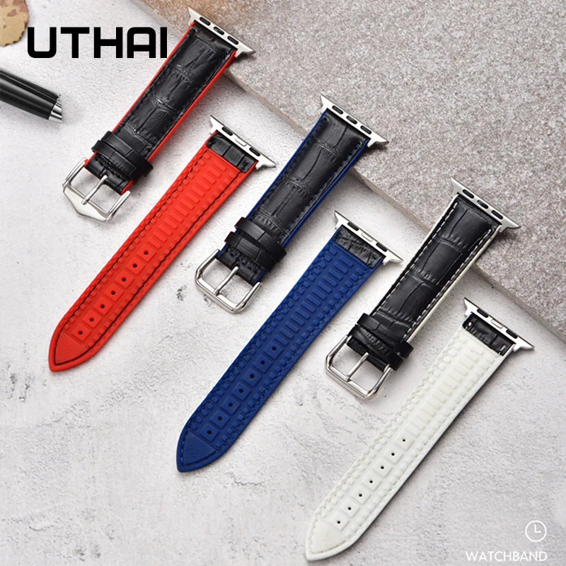 UTHAI P67 силиконовый и кожаный ремешок для apple watch band 42 мм 38 4 5 44 40 iwatch belt 3/2/1 высокое