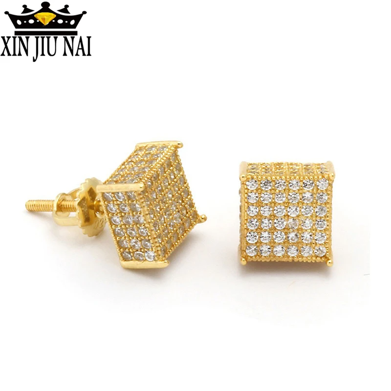 Silver 925 Ear Studs Hip Hop Women 14K Gold Plated Square Zircon Full Diamond Earrings Men Fashion Luxury Bling | Украшения и