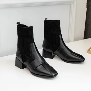 

Patchwork Genuine Leather Knitting Short Boots Women Ankle Boots Office Shoes Woman 2020 Winter Warm High Heels