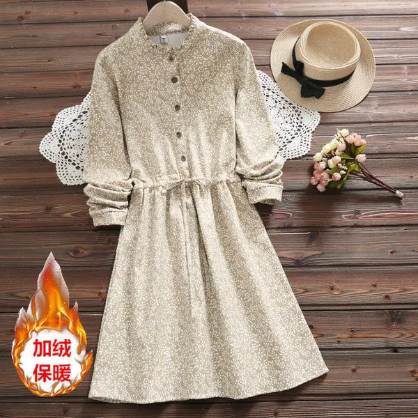 

Autumn And Winter New Style plus Velvet Mori Girl Floral-Print Lace-up Waist Hugging Dress Printed Base Base Skirt Student S2863