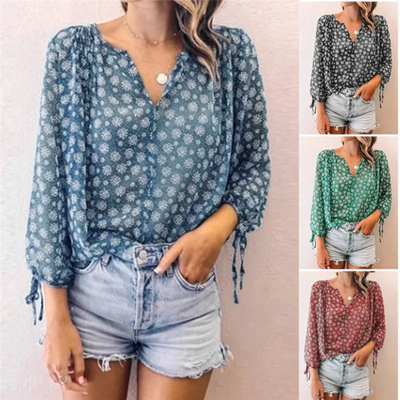 

Fashion Women's Print Long Sleeve T Shirt Casual V-Neck Tops Office Ladies Tops