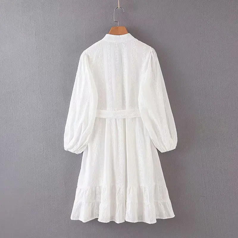 Vintage chic women white lace beach Bohemian mini dress Ladies v-neck wrist cotton Boho dress vestidos