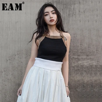 

[EAM] Women Black Back Cross Split Joint Knitting Camis New Halter Sleeveless Personality Fashion Spring Summer 2020 JR378