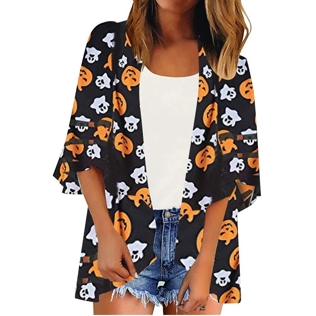 Женская шифоновая блузка на Хэллоуин, осенняя мода, кимоно, кардиган, одежда, сетчатая панель, 3/4, рукав-колокол, повседневные свободные рубашки, блузы
