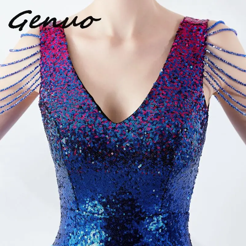 Genuo, новинка, Trajes De Gala, v-образный вырез, вечерние платья, сексуальные, с блестками, на молнии, сзади, Русалка, в пол, Vestido De fiesta largo