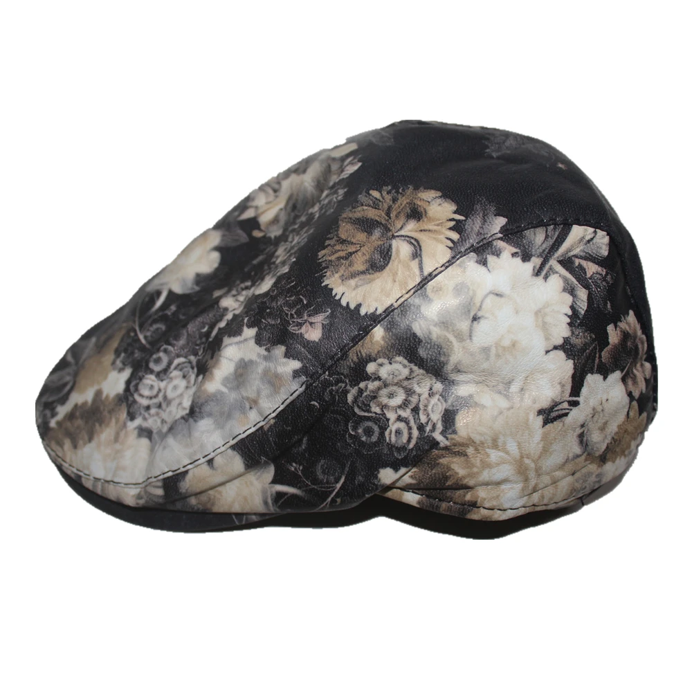 SHOWERSMILE British Style Flat Cap Women Blue Real Sheepskin Leather Female Flower Retro Cap Beret Autumn Winter Duckbill Hat - Цвет: color4