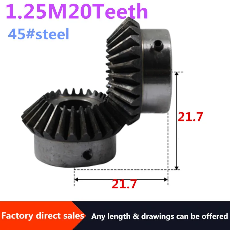2pcs Bevel Gear 1.25M 20Teeth inner hole 8/10 mm gear 90 degrees meshing angle Steel Gears Screw Hole M5 afbeelding