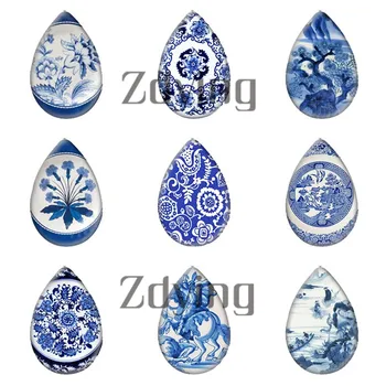 

Zdying 5pcs/lot Classic Ethnic Blue and white Porcelain Pattern Tear Drop Glass Cabochon Demo Flat Back Making Jewelry Findings