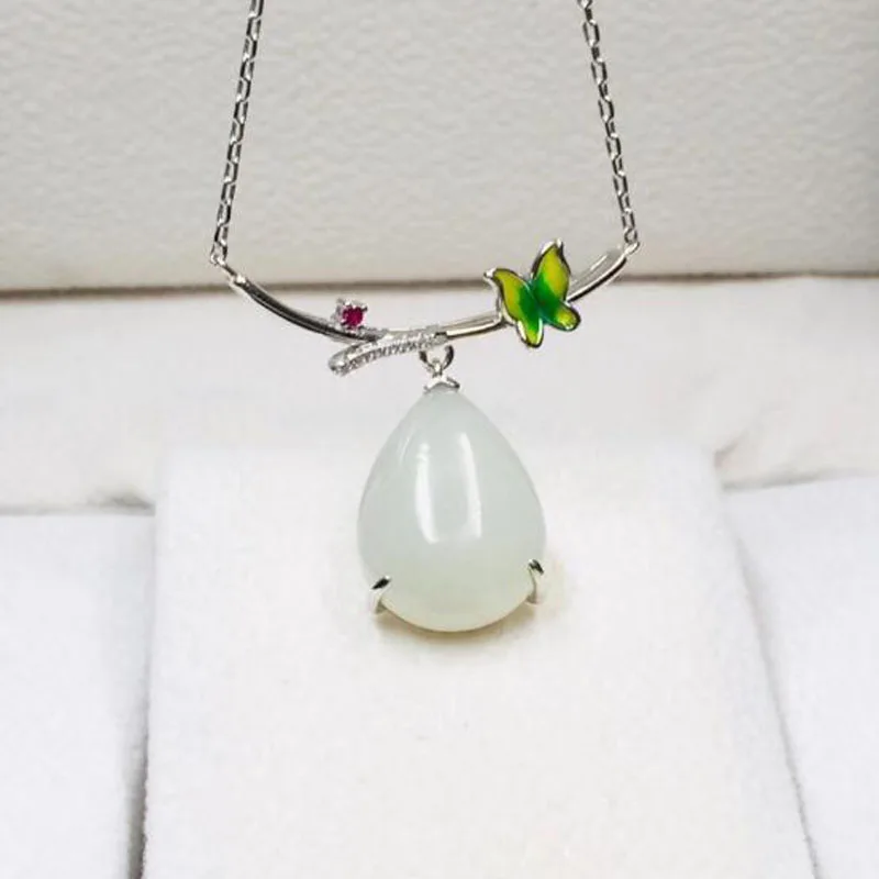 Beautiful 925 Silver White Jade Water Drop Inlaid Enamel Craft Colored Zircon Pendant For Women Jewelry
