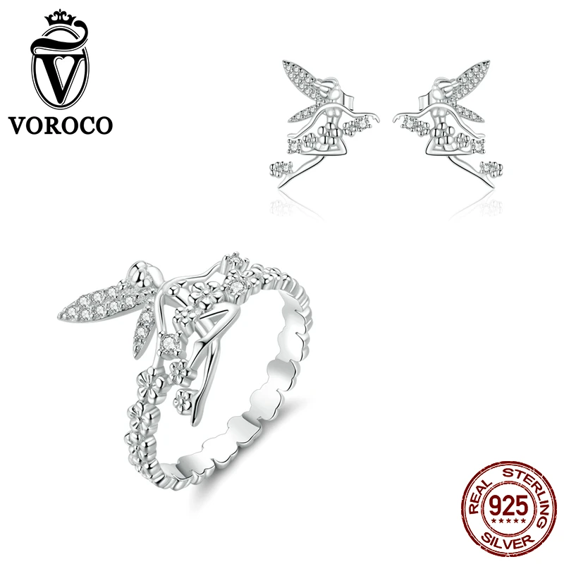 VOROCO ZBS194 Ювелирные наборы Сказочный цветок эльф кольцо и серьги 925 пробы