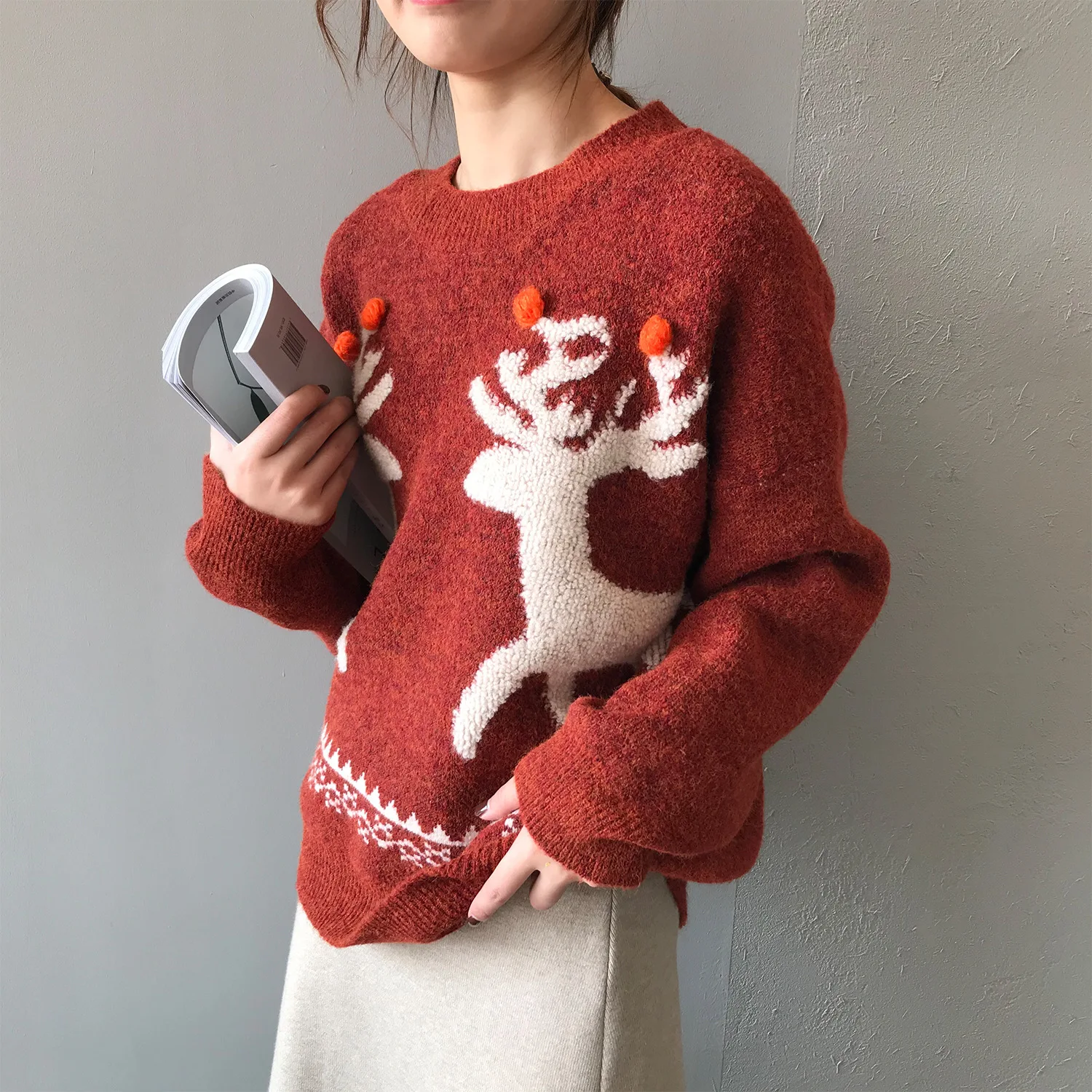 HXJJP Зимний красный Рождественский женский свитер с лосем женский свободный ретро вязаный пуловер с круглым вырезом и длинным рукавом - Цвет: Christmas Red