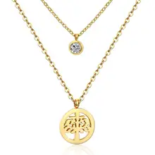 

LUXUKISSKIDS 316l Stainless Steel Lemon Tree Round Pendant and Crystal Double Chain Necklace Gold/Steel Color Jewelry
