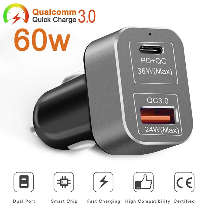 60 Вт QC PD 3,0 Автомобильное зарядное устройство адаптер двойной порт usb type C Быстрая зарядка для универсальных телефонов новое поступление