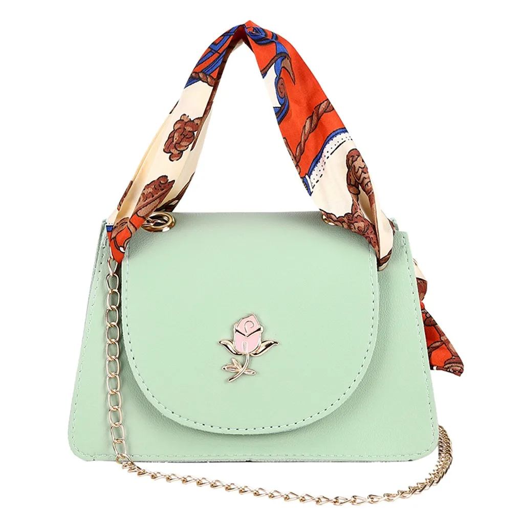 Цепь с квадратным сечением ленты сумки через плечо для женщин розовый шарф модная сумка через плечо простая сумка цепь телефон сумка#5 - Color: Green