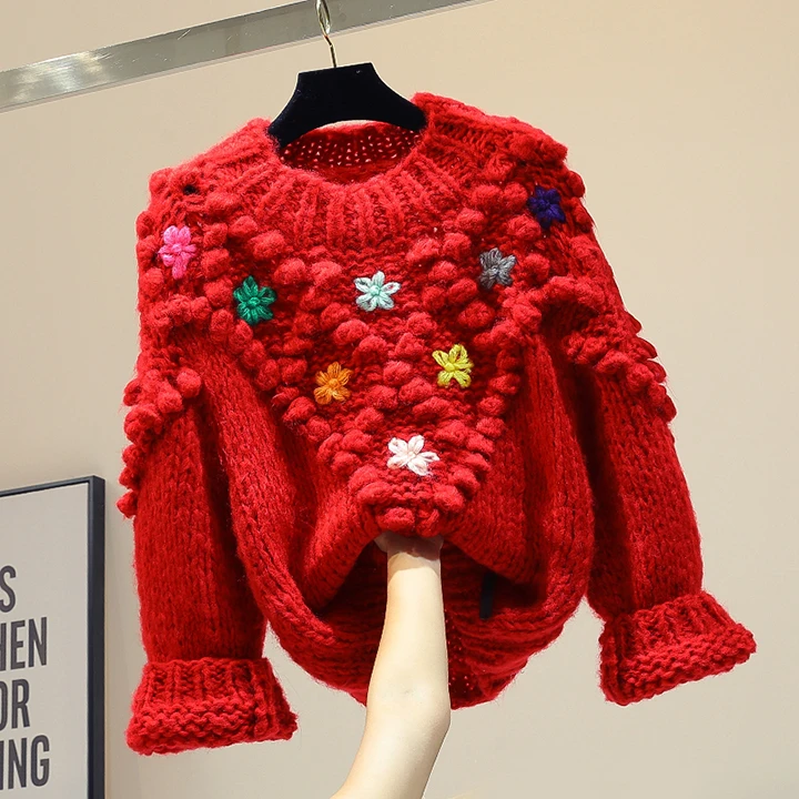 Lazy-Стиль свитер Для женщин свитера осень-зима Верхняя одежда свитер свободного кроя с ретро шар вышивка свитера с цветами Джерси Mujer