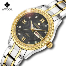WWOOR – montre-bracelet en acier inoxydable pour femmes, marque de luxe, robe en diamant, Quartz, cadeau