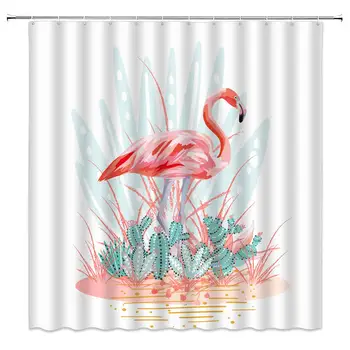 

Flamingo Shower Curtain,Flamingo in Cactus Plant Watercolor Art Bird Animal Fabric Bathroom Home Decoration Sets with 12