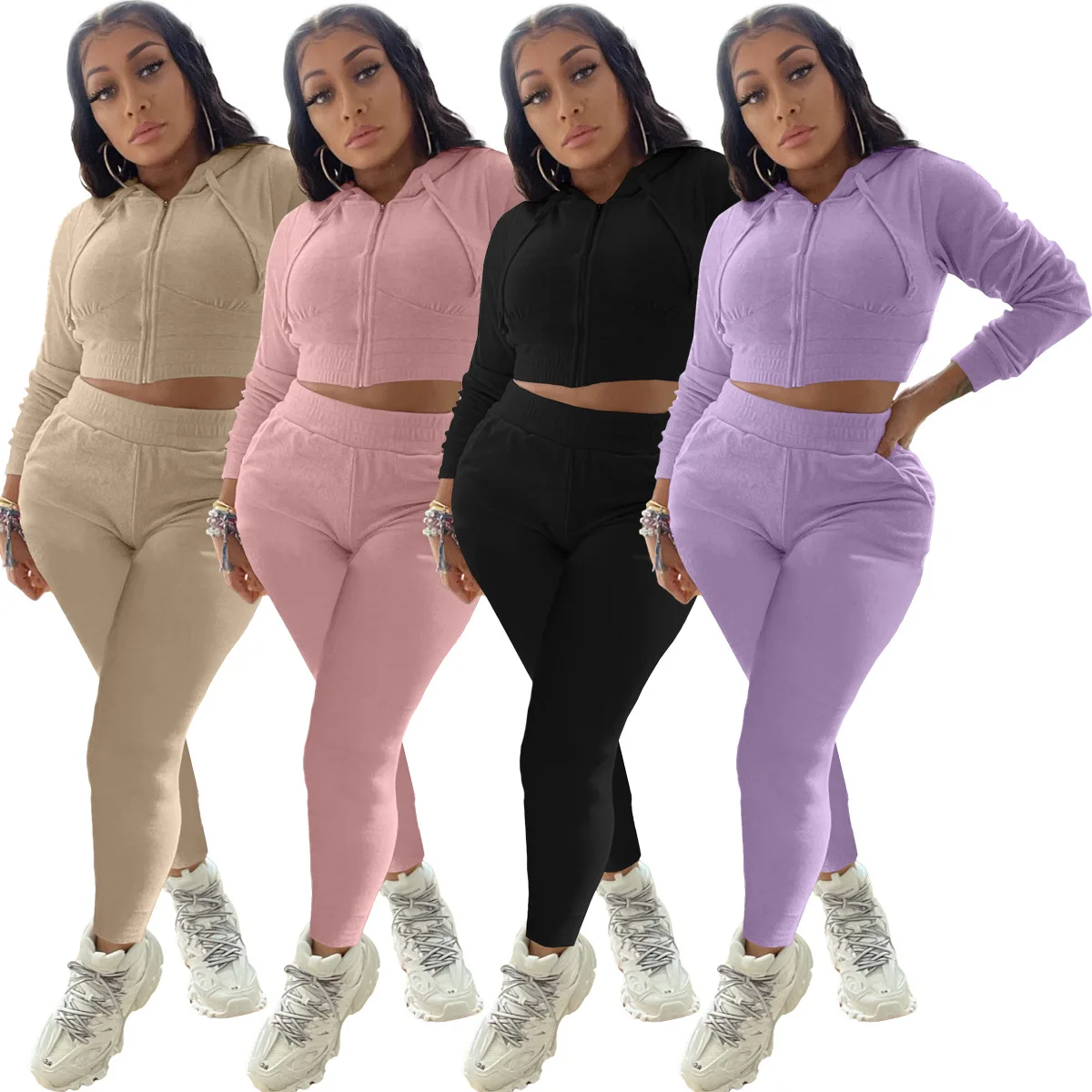 

Autumn Winter Two Piece Set Women Solid Long Sleeve Hoodies Zipper Crop Top Pockets Sweatpants Matching Set Streetwear Tracksuit
