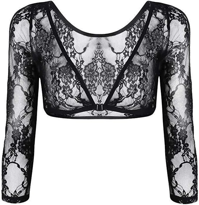 

women Lace perspective sexy long-sleeved bottoming top short cropped Dew navel V-neck perspective cardigan fashion sexy top