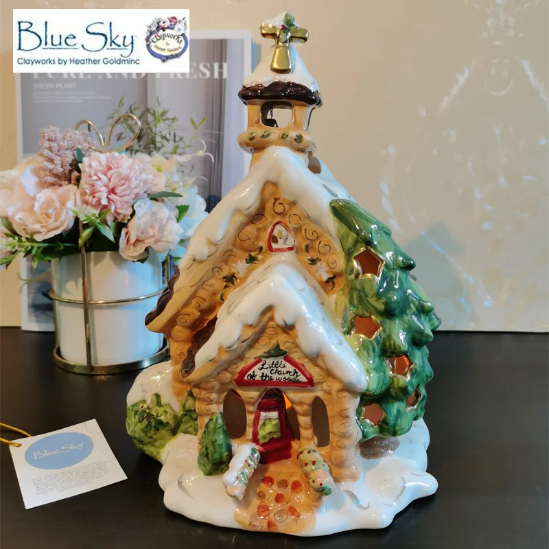 Blue Sky Ceramic Church Candle House Porcelain Candle Holder Home