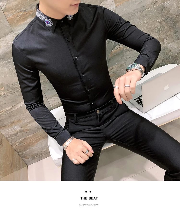 Весенняя Корейская мужская рубашка с длинным рукавом Camisa Masculina, одноцветная модная мужская рубашка с вышитыми перьями, Camisa Homem, Черная