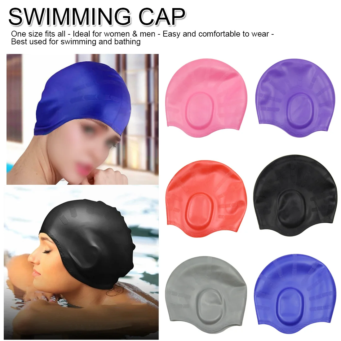 

Waterproof Swim Cap Silicone Gel Free Size Protect Ears Hair Sports Swim Pool Hat Swimming Cap for Adults Men Women Children