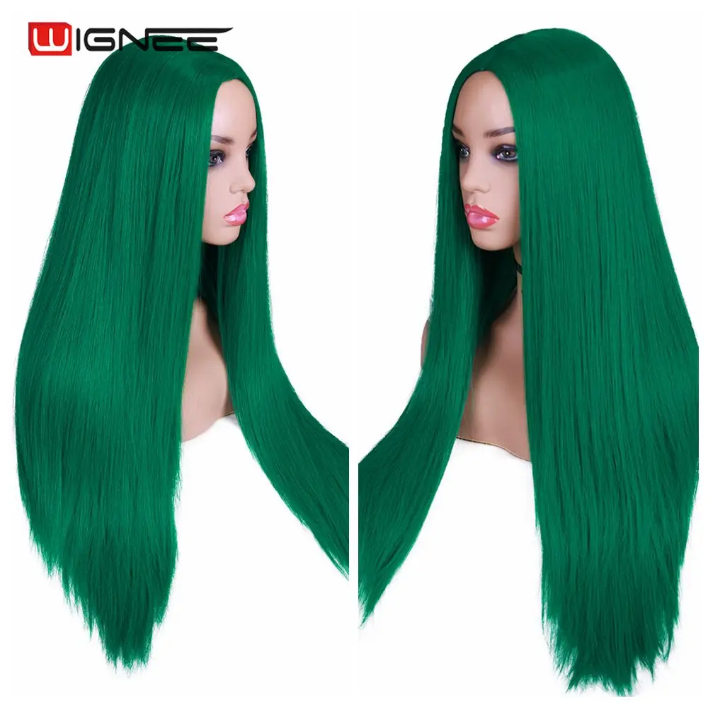 Wignee Green Long Straight Hair Synthetic Wig For Women Daily/Party/Cosplay Middle Part Glueless Natural Fiber Pack Hair Wigs