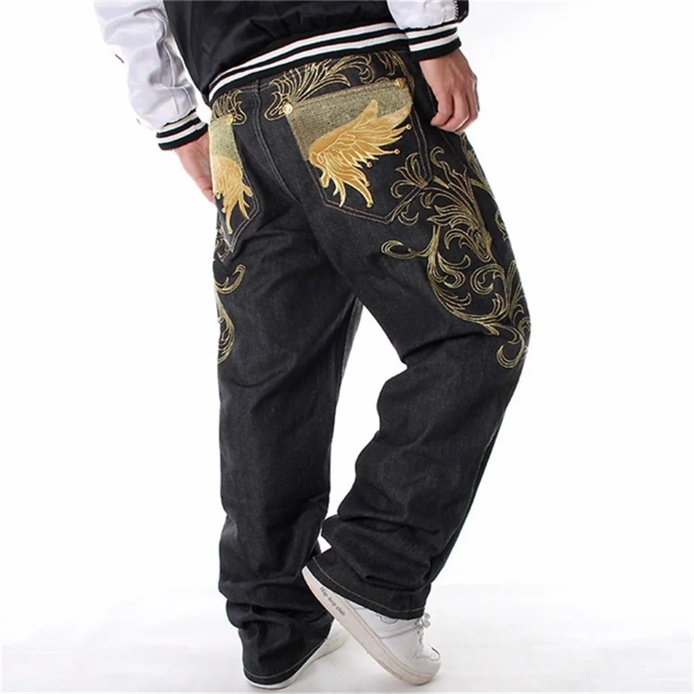 Mens Embroidery Jeans Straight Trousers Denim Japanese Pattern Totem Red Phoenix 