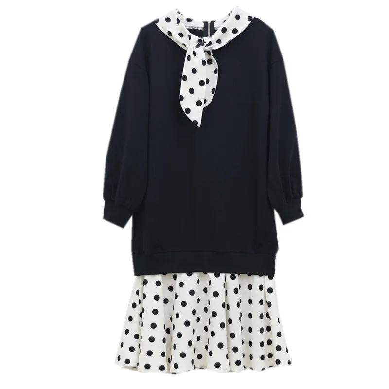 На возраст от 4 до 16 лет для маленьких девочек и девочек-подростков длинные рукава, хлопковые трусы для девочек в горошек Повседневная расклешенная, миди платье Детское одно тонное платье для девочек модное осенне-зимнее платье