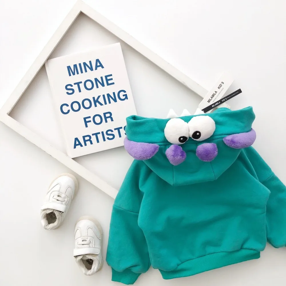 Детская верхняя одежда, пальто, детская одежда для мальчиков и девочек, худи на молнии с мультипликационным принтом зеленого маленького монстра, милая куртка, топы для малышей