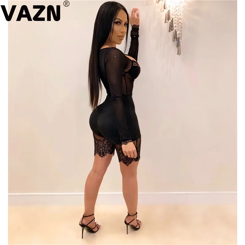 VAZN/Лидер продаж, сексуальный клубный модный однотонный комбинезон без бретелек с кружевными рукавами для женщин с высокой талией, эластичный обтягивающий комбинезон