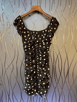 

2020 Spring and Summer New Bertha Wrinkle Knot Decorative Dot Prints Sleeveless Dress 627