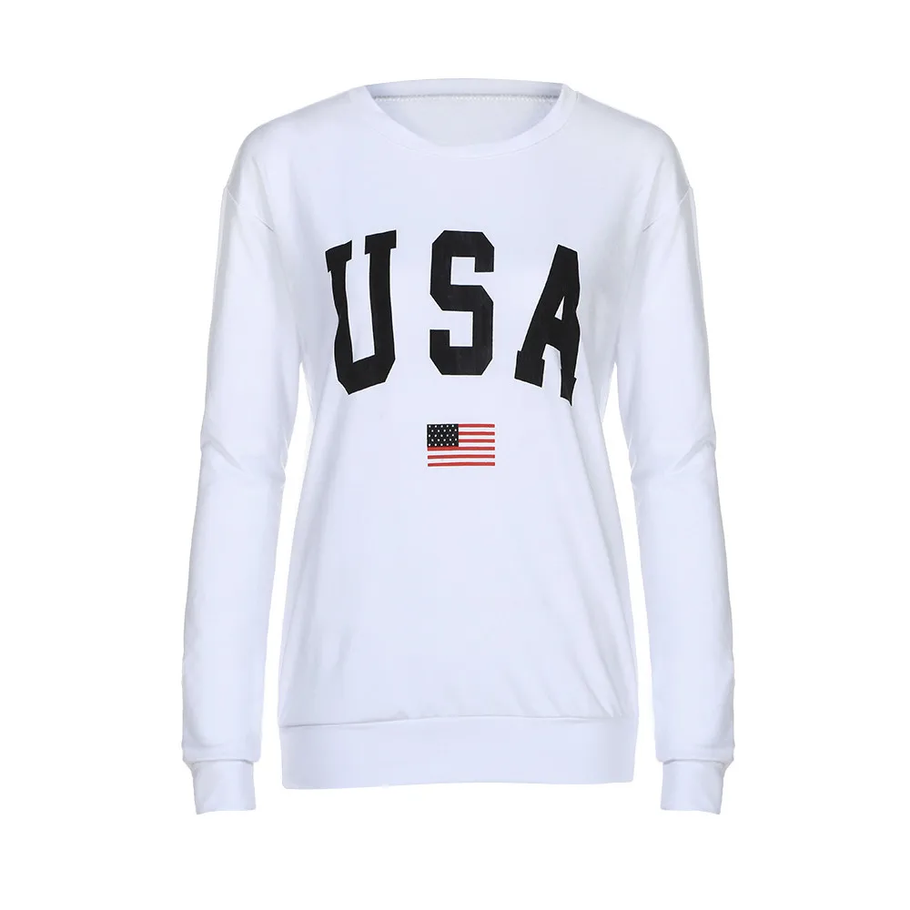 USA Letter Print New Women Fashion Sweatshirt Sport Long Sleeve Harajuku Jumper Pullover White O-Neck Fluffy Casual Loose Top#Y3 - Цвет: White