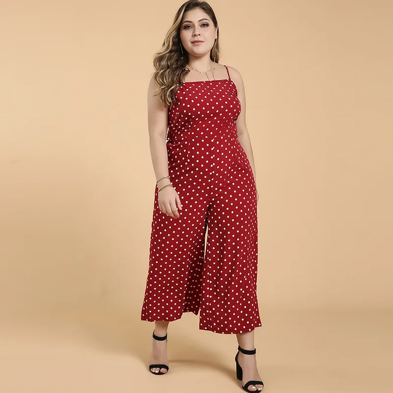 DOIB Women Polka Dot Rompers Red Bow Tie Spaghetti Strap Plus Size Playsuit Summer Wide Leg Large Size Jumpsuits 6XL