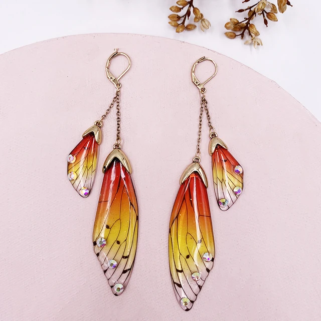 Fairy Resin Butterfly Earrings for Women Shining Crystal Flake Double Wing Long Drop Earrings Ladies Wedding Party Jewelry 2020 CP-Orange