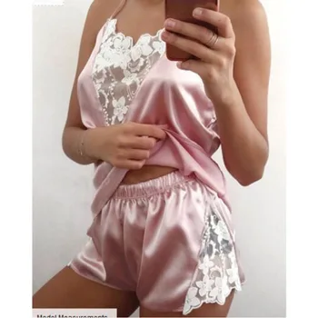 

Women Pajama Set Sexy Floral Lace Silk Sleepwear Lingerie Sleeveless Cami Top And Shorts Babydoll Nightwear Female Night Wear