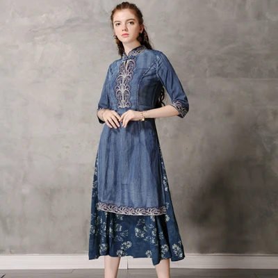 Blue JINGRUI лето новые женские сшитые джинсовые Cheongsam воротник вышитые рукава тонкие платья - Цвет: Blue