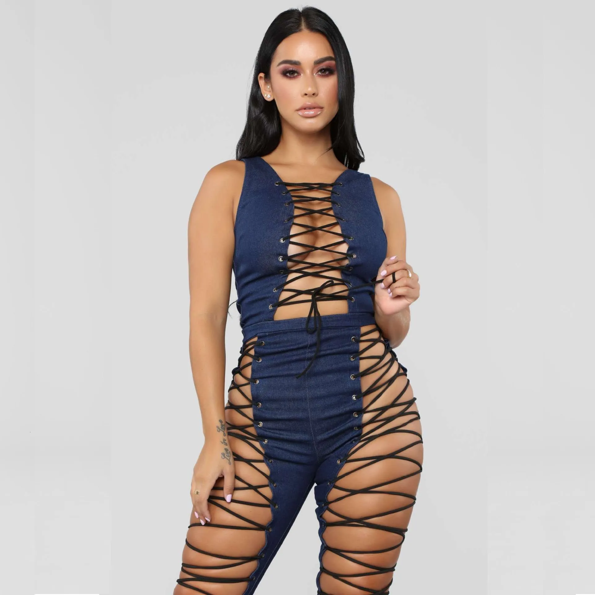 Women Sexy Hollow Out Denim Jumpsuit Street Wear Lace Up Playsuit Skinny Patchwork Sleeveless Overalls