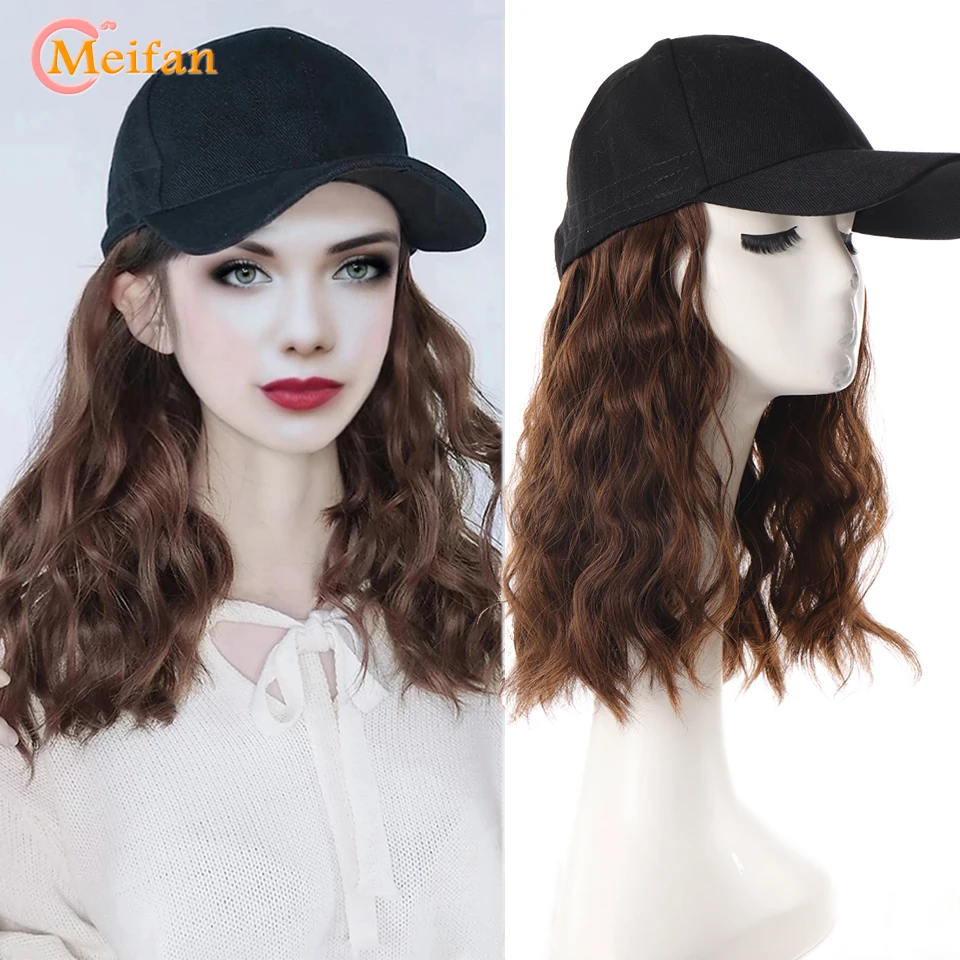 

MEIFAN Long Synthetic Fluffy Natural Wave Wavy Curly Hair Wigs with Hat Baseball Cap Naturally Connect Adjustable Hat Wig