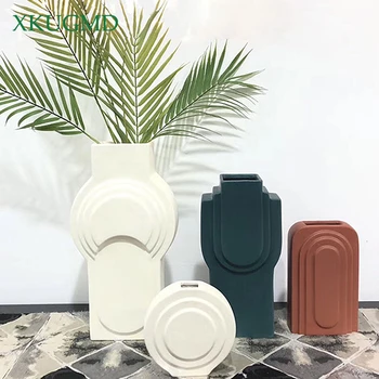 

Geometric Ceramic Vase Desktop Flower Arrangement Container Home Decoration Office Embossed Pattern Decoration Craft Gift